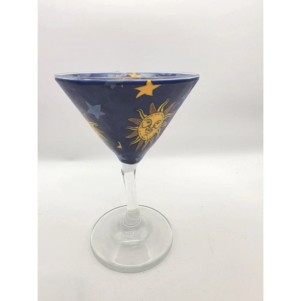 Celestial SUN & MOON Handpainted Martini Glass Wavy Stem‎ Sun Moon